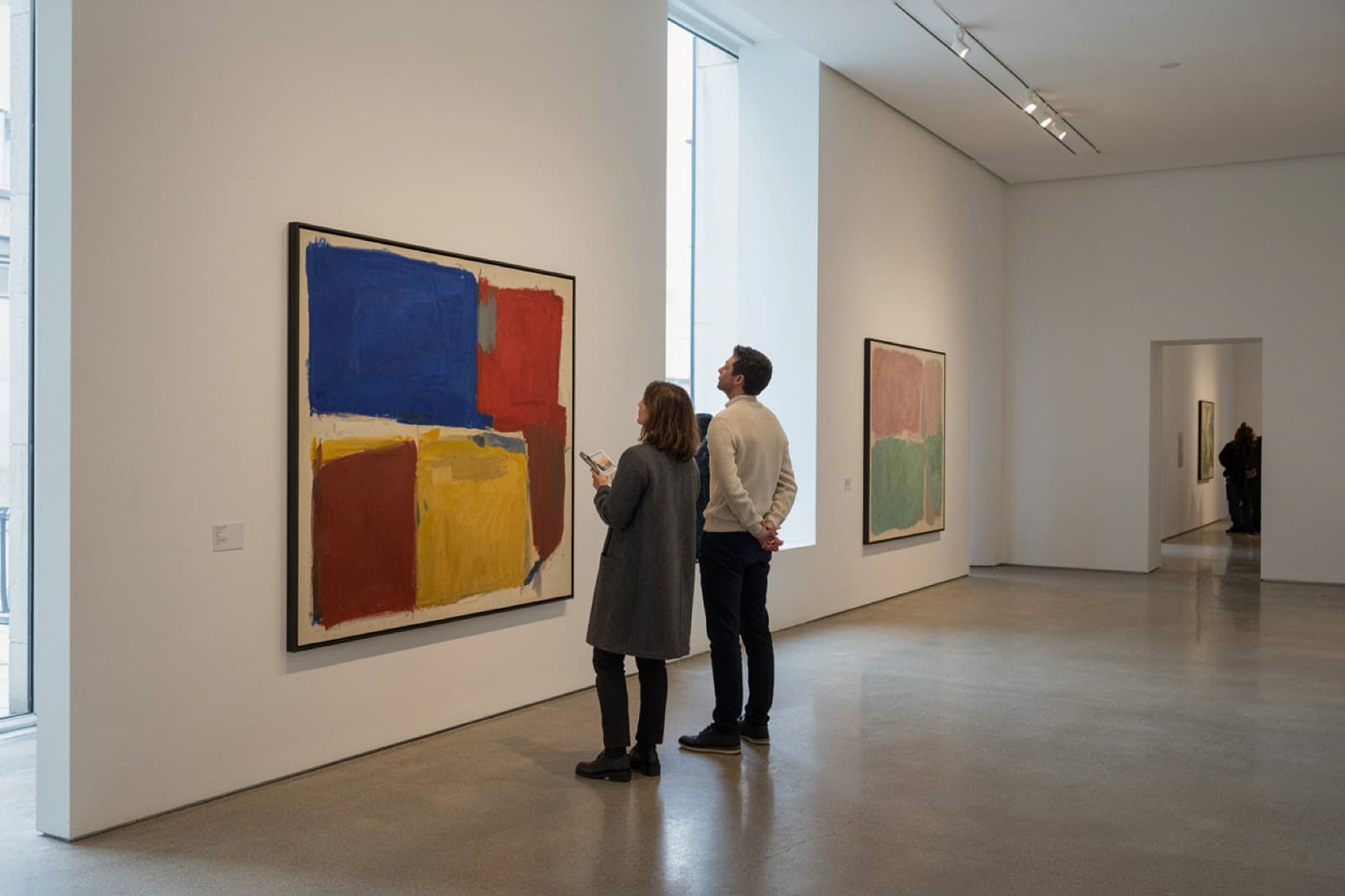 Visitantes mirando cuadros abstractos en una galería de paredes blancas