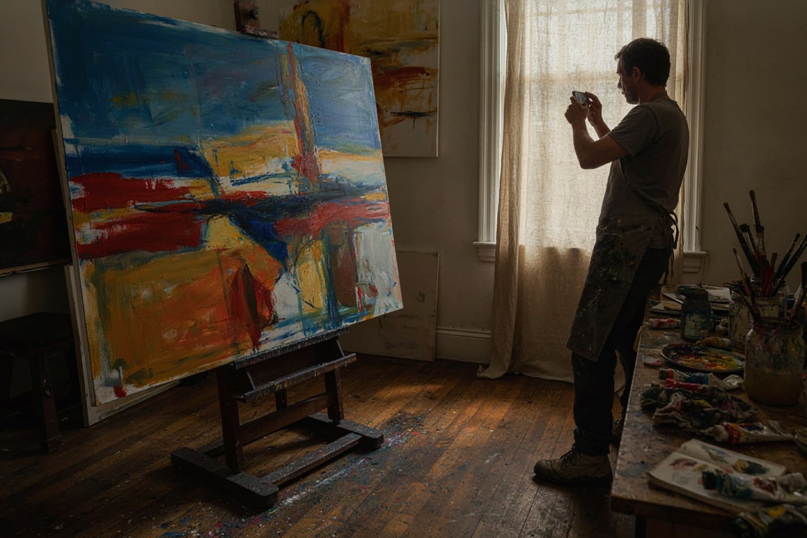Un artista fotografía con el móvil un lienzo recién terminado en su estudio