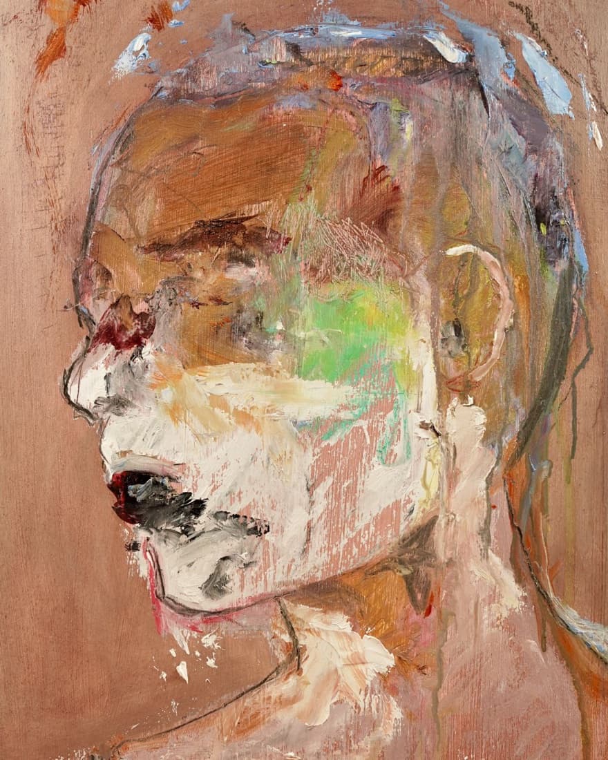 Retrato al óleo de una cabeza de perfil, en tonos rosados con toques verdes y blancos